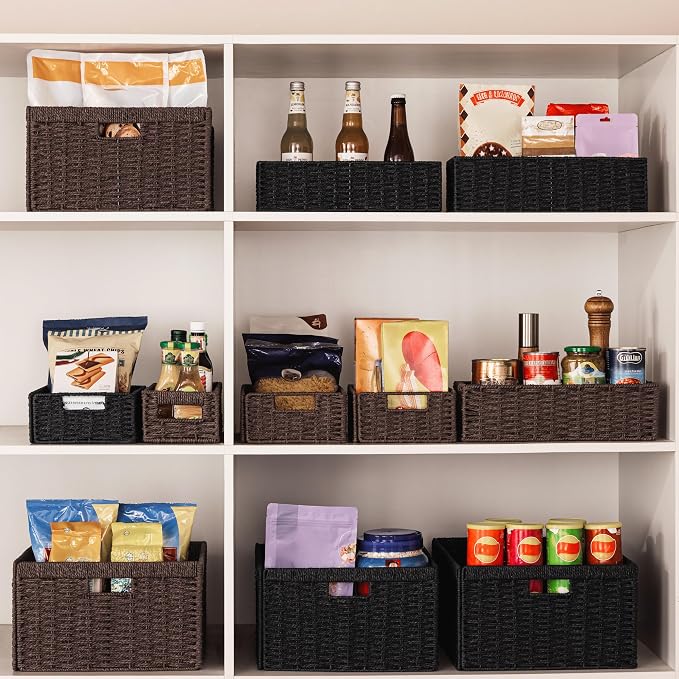 UBBCARE 3 Pack Wicker Basket, 13.4L×8.3H×7.1W inch Woven Paper Rope Storage Baskets for Shelves, Foldable Rectangular Storage Baskets with Handle, Storage Basket for Organizing, Dark Brown - Image 7