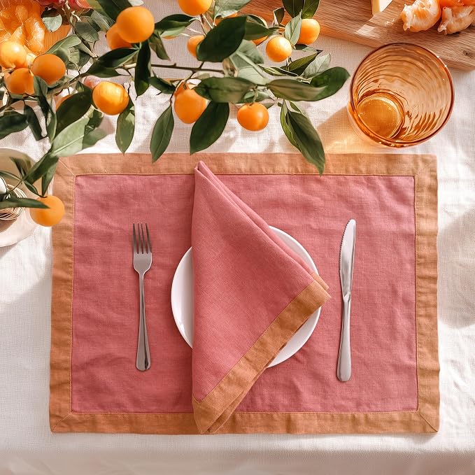 Linen World 100% French Linen Placemats Set of 4,21 x 15 Inch Double Layer Table Mats,Washable Heavyweight Placemats for Holiday Dining Kitchen Decor,Clay Red with Hazelnut Contrast Border by LLinenWorld