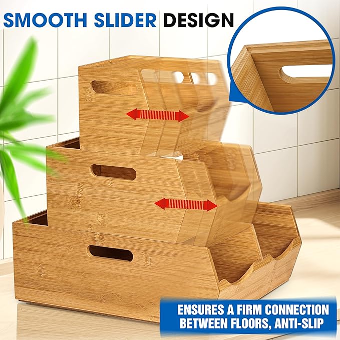 3-tier Stackable Bamboo Pantry Storage Bins, Potato & Onion Storage Baskets | Upgraded Storage Basket with Handles, Removable Divider, Natural Pantry Organizer Holder for Kitchen, Cabinet, Fruit Storage - Image 4
