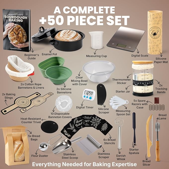 Super All-Inclusive  Sourdough Starter Kit with Pot - Sourdough Bread Baking Supplies, Scale, Oval & Round Baking Slings, 4 proofing Baskets, Bowl, Timer, Beginner Guide Recipes - Image 2