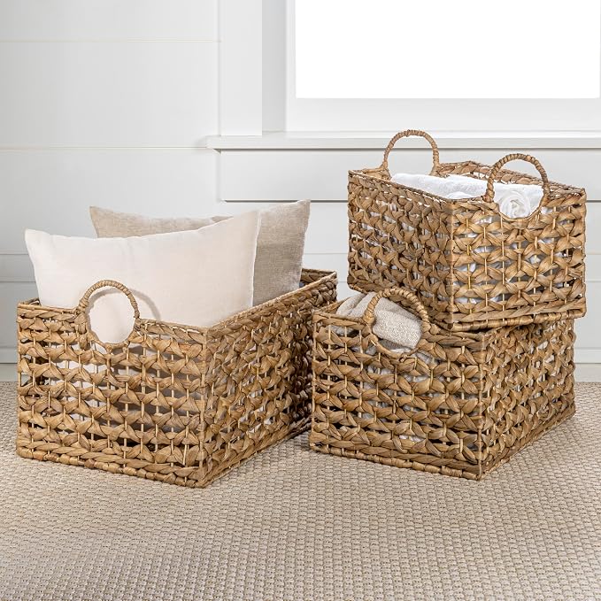 happimess Quinn Storage Baskets 3-Piece Hyacinth Rectangular 18", Natural | Hand-Woven Wicker Organizers, Durable Iron Metal Frame, Integrated Handles, Bohemian Cottage Decor For Nursery - Image 7