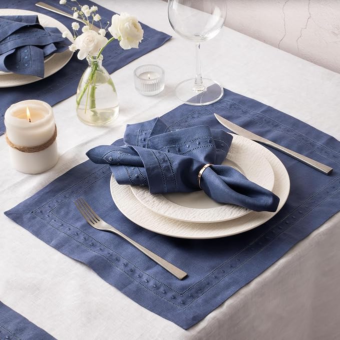 Linen Napkins Set of 4-100% Pure Linen Navy Blue Dinner Napkins with Embroidered Dot 18 x 18 inch - Hemstitch Cloth Napkins Washable for Summer and Wedding Decor - Image 3