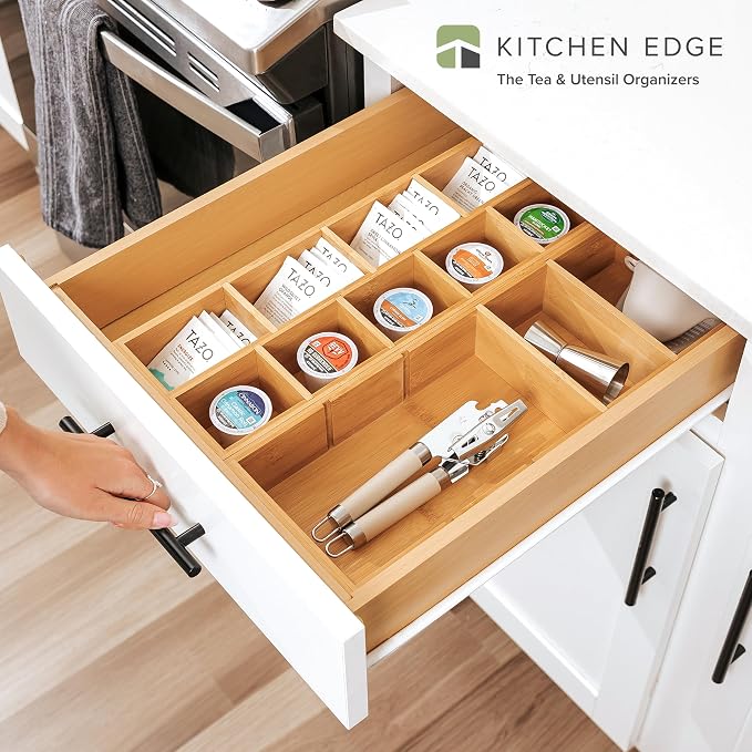 Utensil & Tea Bag Drawer Organizer, Bamboo | 14-compartment design, removable dividers, non-slip feet, sustainable bamboo - Image 2