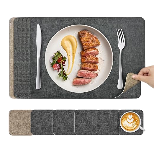 Pack of 6 KitchenBoss Reversible Placemats and Coasters for Table - Black - Non-Slip & Washable - 43 x 30 cm (Grey + Beige) by KitchenBoss
