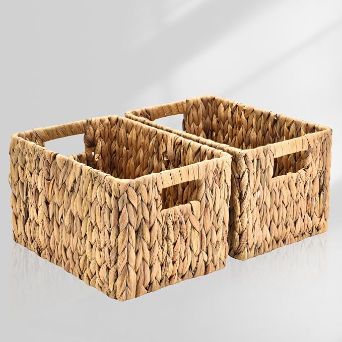 Water Hyacinth Rectangular Wicker Baskets, 12" Wicker Basket 2 Pack, Woven Storage Baskets with Handles by ELONGHOME