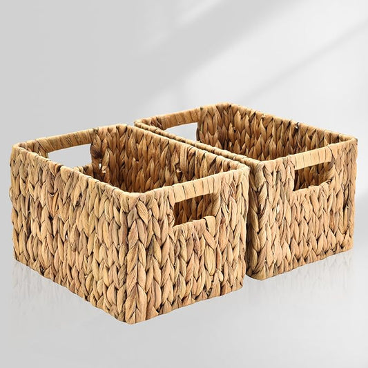 Water Hyacinth Rectangular Wicker Baskets, 12" Wicker Basket 2 Pack, Woven Storage Baskets with Handles by ELONGHOME