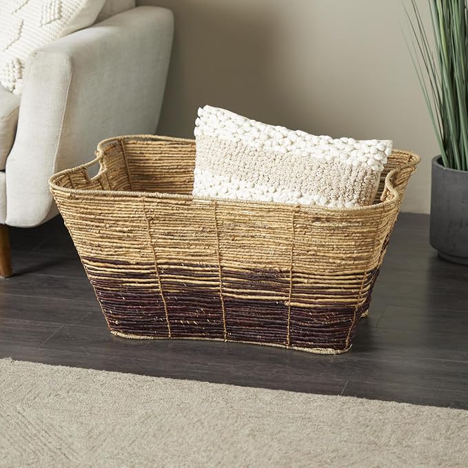 Deco 79 Seagrass Handmade Decorative and Functional Storage Basket Oversized Color Block Basket Organizer with Slot Handles, Basket for Storage 30" x 20" x 15", Brown - Image 2