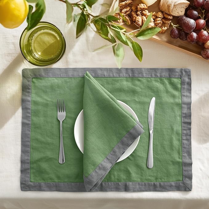 Linen World 100% French Linen Placemats Set of 4,21 x 15 Inch Double Layer Table Mats,Washable Heavyweight Placemats for Holiday Dining Kitchen Decor,Grass Green with Slate Gray Contrast Border by LLinenWorld