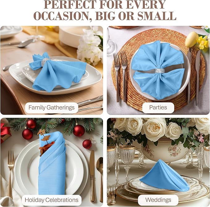 17x17-Inch Shantung Cloth Napkins, Light Blue, Set of 60 | Bulk Case of 5 Dozen, Satin, Square, 100% Polyester Fabric, Reversible, Faux Dupioni Silk Reverse Side, Machine Washable - Image 4