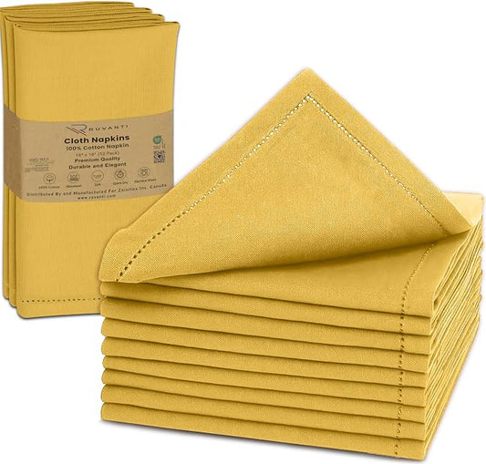 Ruvanti Cloth Napkins Set of 12, 100% Cotton High GSM 18x18 Inches, Hem Stitched Corners, Soft, Washable, Durable & Absorbent, Perfect for Parties, Christmas, Thanksgiving Dinners – Spicy Mustard by Ruvanti