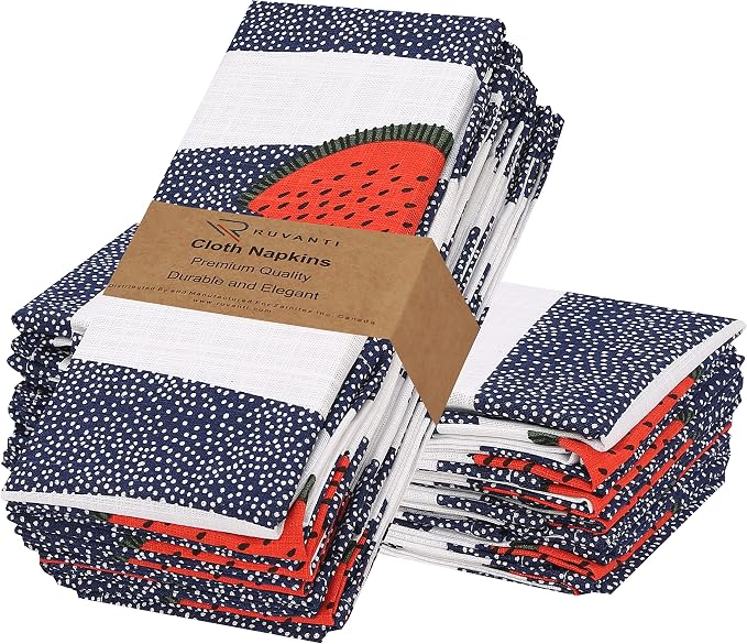 RUVANTI Cloth Napkins Set of 12 Cotton 100%, 18x18 Inches Napkins Cloth Washable, Soft, Absorbent. Cotton Napkins for Parties, Christmas, Thanksgiving, Weddings, Dinner Napkins Cloth - Watermelon by Ruvanti