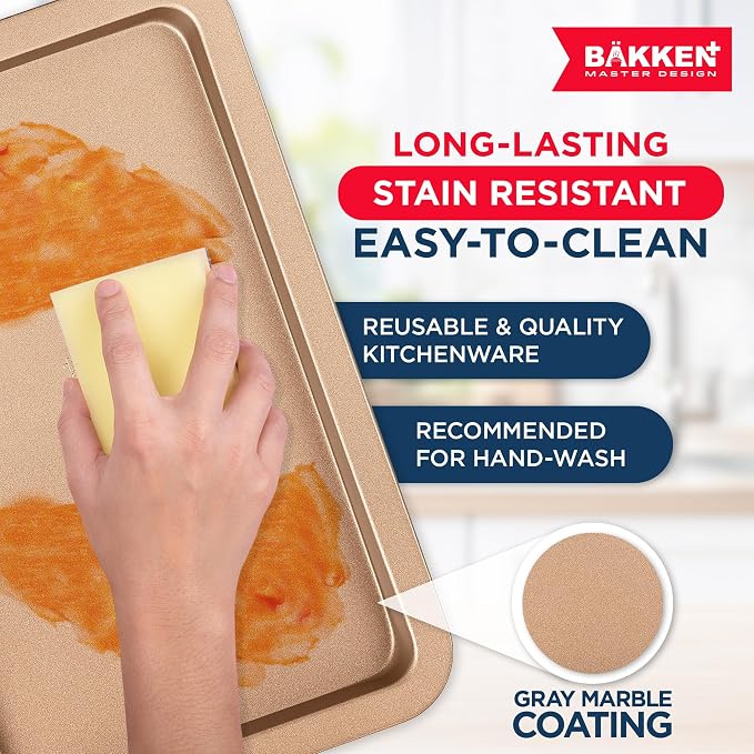 BAKKEN 3-Piece Kitchen Baking Pans - Small, Medium, and Large Cookie Pan, With Nonstick Coating, Stackable and Space-saving Design, PFOA, PFOS, PTFE Free, Oven Safe Tray (Up To 450°F), Brown - Image 7