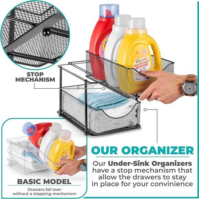 Sorbus 2 Sets of 2 Tier Metal Under Sink Organizer for Bathroom, Kitchen, Strong Steel Mesh Sliding Drawers for Under Sink, Under Cabinet, Closet, Kitchen, Pantry, Bathroom Organizers and Storage - Image 4