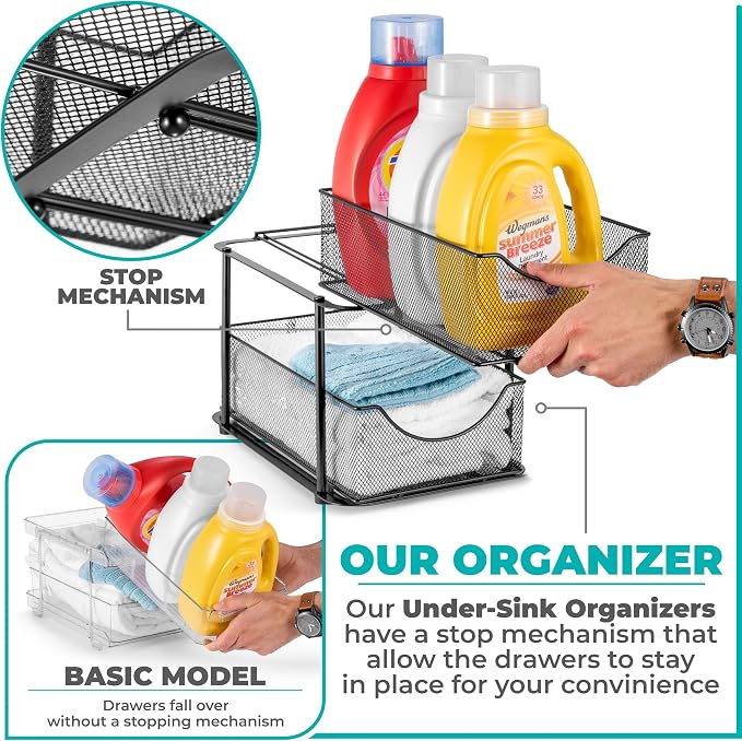 Sorbus 2 Tier Metal Under Sink Organizer for Bathroom, Kitchen, Strong Steel Mesh Sliding Drawers for Under Sink, Under Cabinet, Closet, Kitchen, Pantry, Bathroom Organizers and Storage (Black) - Image 4