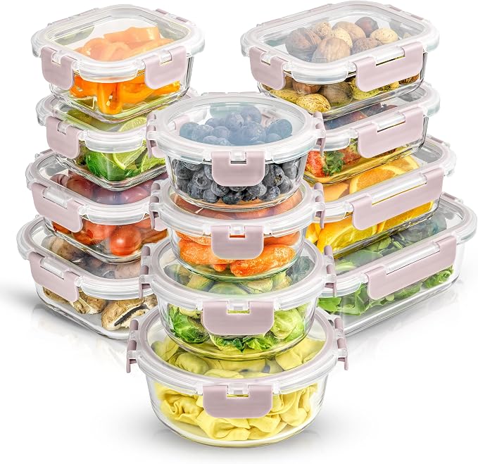 JoyJolt 24pc Borosilicate Glass Storage Containers with Lids | 12 Airtight/Freezer Safe Food Storage Containers for Pantry and Kitchen | Meal Prep Container for Lunch | Glass meal Set by JoyJolt