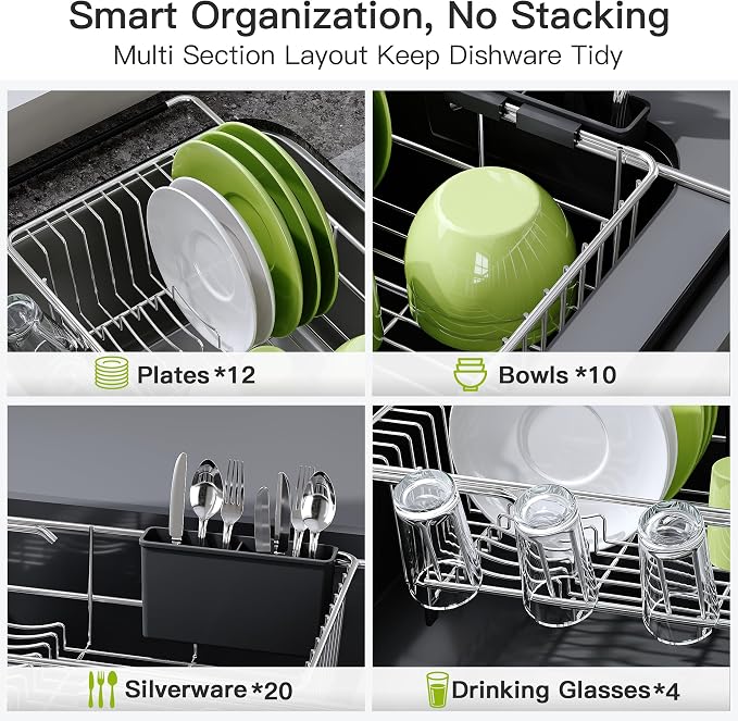 JASIWAY Dish Drying Rack in Sink, Dish Drainer with Cup and Utensil Holder | Over The Sink Expandable Stainless Steel Strainer Dryer Rack for Small Kitchen, Counter Space Saving, Fast Drain, Rustproof - Image 7