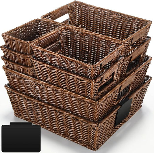 Marsui 9 Pcs Wicker Storage Baskets for Pantry Organization with Handle Labels Handwoven Multi-size Dark Brown Small Organizer Baskets Storage Bin Container for Shelves Closet Toilet Christmas Holiday by Marsui