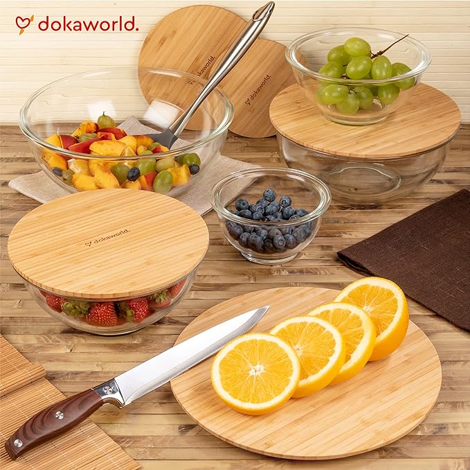 Stackable Space-Saving Set of 5 Nesting Glass Bowls with Bamboo Lids for Foodprep, Storage, Baking, Mixing & Cooking, Microwave & Oven Safe BPA Free Heat Resistant Inert Borosilicate Glass - Image 8