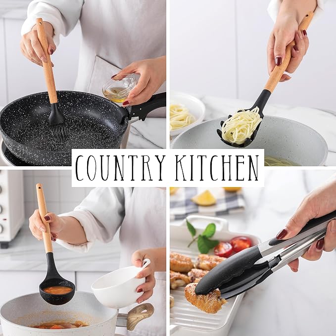 Country Kitchen Non Stick Silicone Utensil Set with Rounded Wood Handles for Cooking and Baking, 38 Piece Set, Black - Image 6