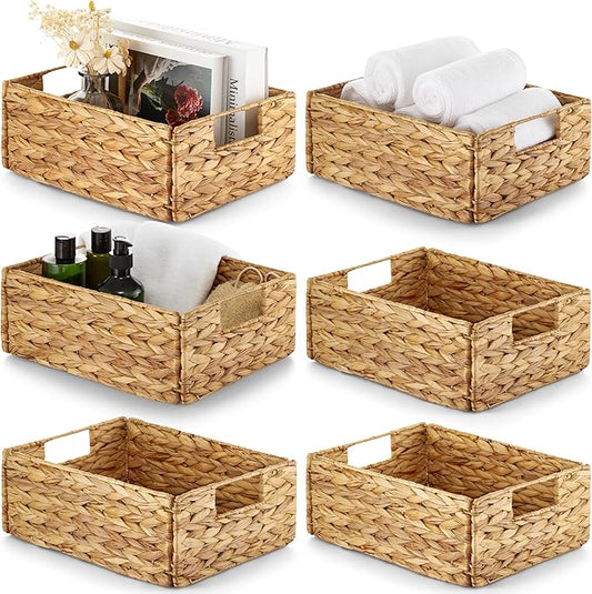 Bluewest Water Hyacinth Storage Baskets, Set of 6, Woven Bins with Handles | Organizer and Laundry Basket with Carrying Handles, Designed as a Rattan Bin for Shelves, Closets and Household Essentials. by BLUEWEST