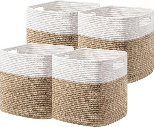 UBBCARE Set of 4 Storage Basket-13 X 13 X 13 in, Cotton Rope Basket for Shelves, Toys, Book, Cube Storage Bins with Handles, Woven Storage Basket for Organizing, White & Jute by UBBCARE