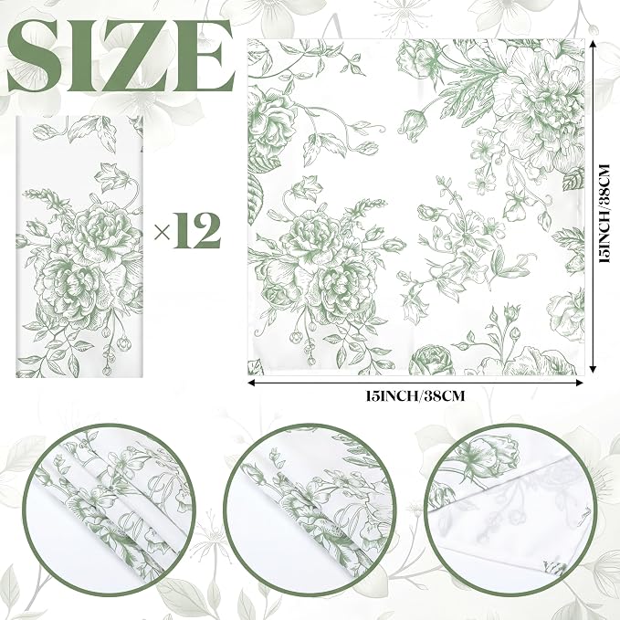 12 Pcs Floral Cloth Napkins 6 Patterns Washable Dinner Tea Party Napkins Reusable Plant Flowers Square Napkin Cotton Towel Decorative for Summer Wildflower Party(Green Floral) - Image 6