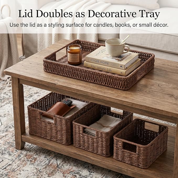 Wicker Storage Basket with Lid for Shelves, 3-Basket Set, Dark Brown | One rectangular wicker basket with lid and two open baskets for decorative shelf storage; removable lid flips into a tray. - Image 3
