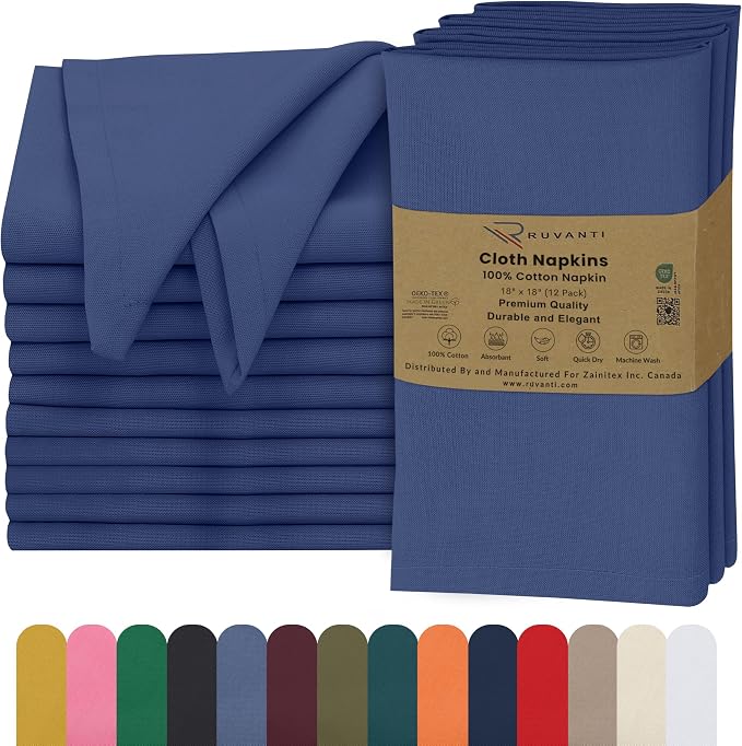 Ruvanti Cloth Napkins Set of 12, 18x18 Inches, 100% Cotton, Washable, Soft & Absorbent, Perfect for Wedding, Christmas, ‎Thanksgiving Dinners - Bijou Blue by Ruvanti