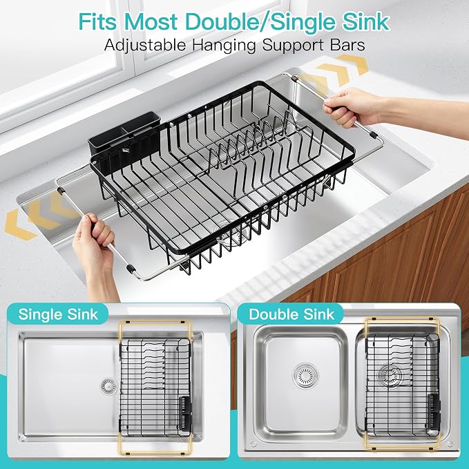 JASIWAY Black Dish Drying Rack Over the Sink with Utensil Holder | Expandable Stainless Steel Dish Driainers for Small Kitchen, Counter Space Saving, Fast Drain, Rust Resistant, For Apartment - Image 3