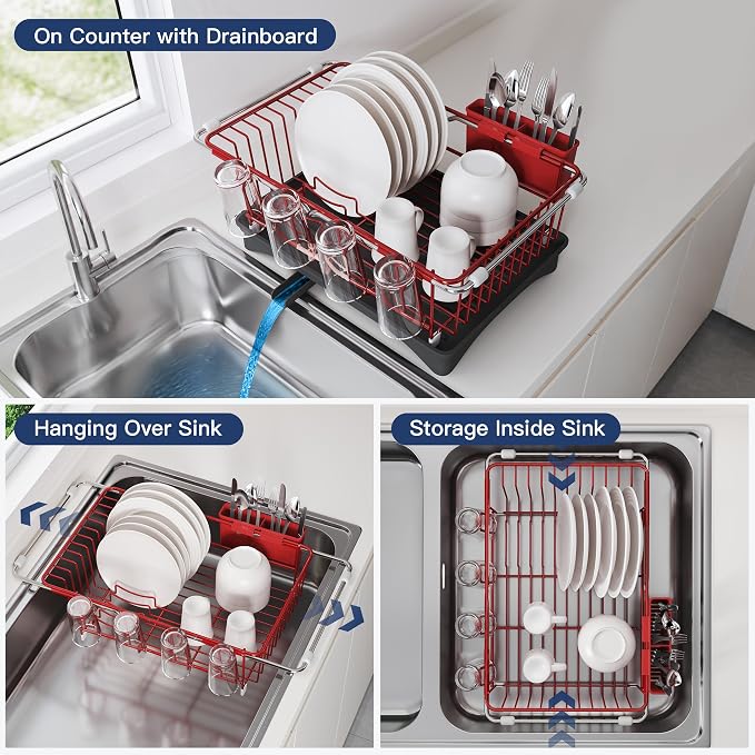 JASIWAY Red Dish Drying Rack in Sink with Drainboard and Utensil Holder | Use Over the Sink or Counter, Stainless Steel Expandable Dish Drainer for Small Kitchen, Space Saving, Fast Drain, Rustproof - Image 2