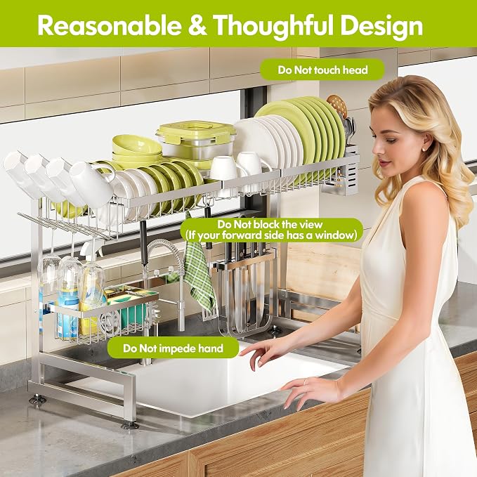 Over The Sink Dish Drying Rack with Cup and Utensil Holder | 2 Tier Stainless Steel,Expandable,Rust Proof Metal,Space Saving,Big Capacity Plate Drainer Above Kitchen Counter,Silver - Image 5