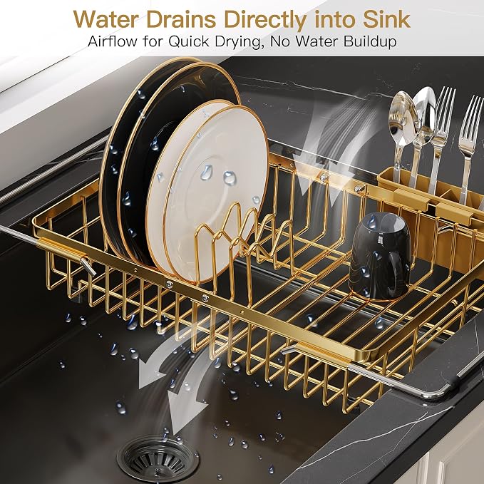 JASIWAY Gold Dish Drying Rack Over the Sink with Utensil Holder | Expandable Stainless Steel Dish Driainers for Small Kitchen, Counter Space Saving, Fast Drain, Rust Resistant, For Apartment - Image 6
