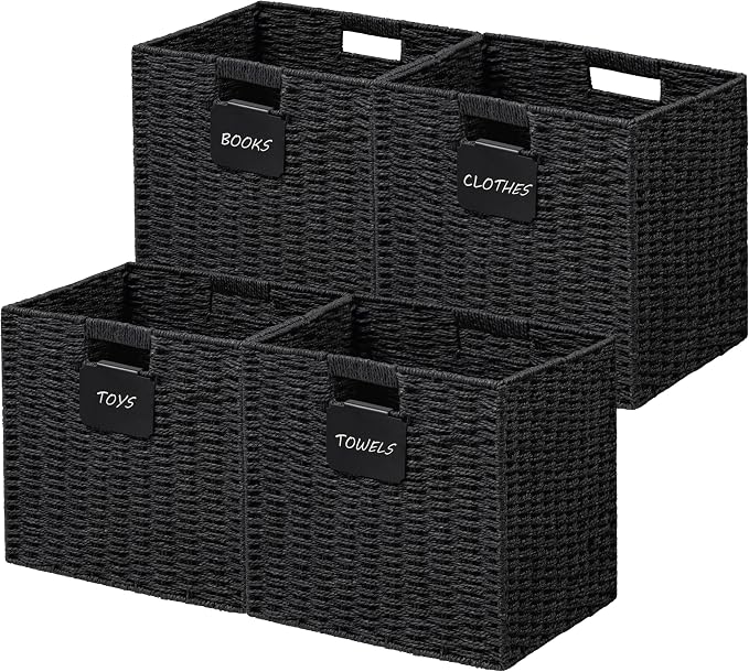 UBBCARE 4 Pack Wicker Basket, 12×12 Storage Cubes with Label, Foldable Cube Storage Bin with Handle, Square Storage Basket for Shelves, Woven Paper Rope Basket for Organizing, Black by UBBCARE