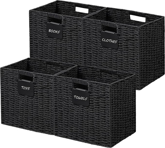 UBBCARE 4 Pack Wicker Basket, 12×12 Storage Cubes with Label, Foldable Cube Storage Bin with Handle, Square Storage Basket for Shelves, Woven Paper Rope Basket for Organizing, Black by UBBCARE