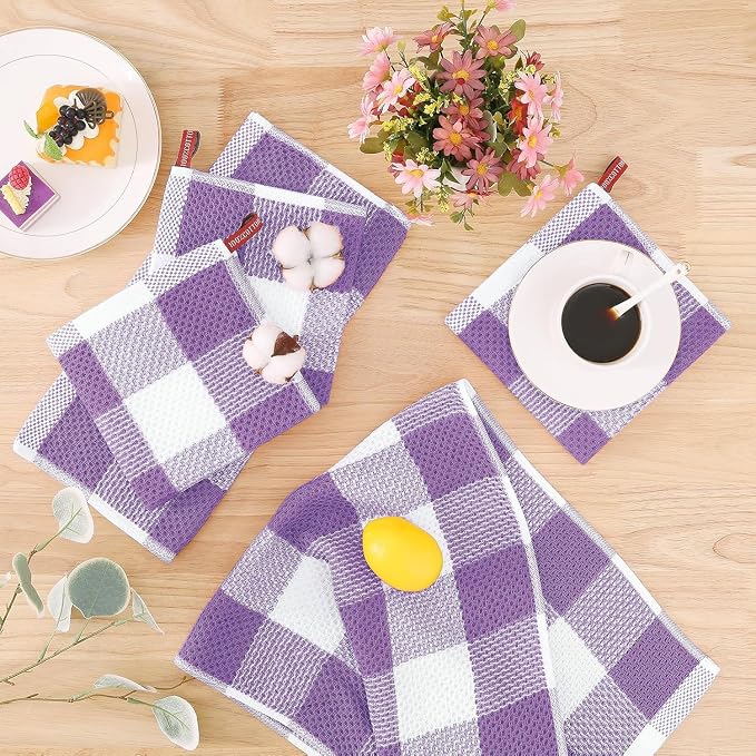 Homaxy Kitchen Towels and Dishcloths Set, Set of 8, White & Purple | Bulk Cotton Waffle Weave Check Plaid Kitchen Towels, Super Soft and Absorbent Dish Cloths, 12 x 12 and 13 x 28 Inches - Image 7