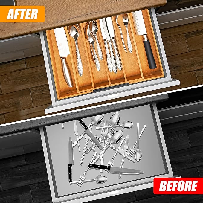 Silverware Organizer 2 PIECE with grooves Kitchen Drawer Organizer Expandable Bamboo Utensil Holder Cutlery Tray for Kitchen Utensil and Flatware - Image 2
