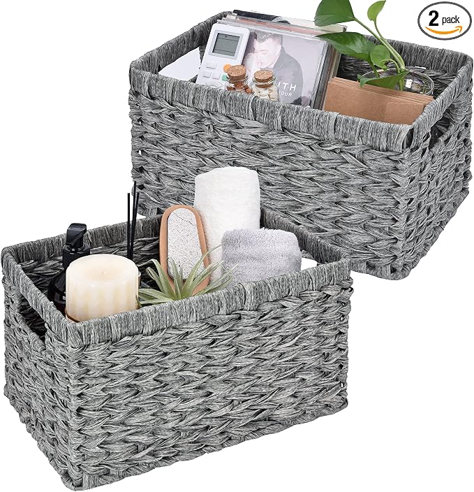 GRANNY SAYS Wicker Storage Baskets for Organizing, Basket Organizer, 2-Pack | Waterproof Wicker Baskets with Handles, Cabinet,Coffee Table,Gray Plastic Baskets for Shelves,Handwoven Bathroom Storage Bins by GRANNYSAYS