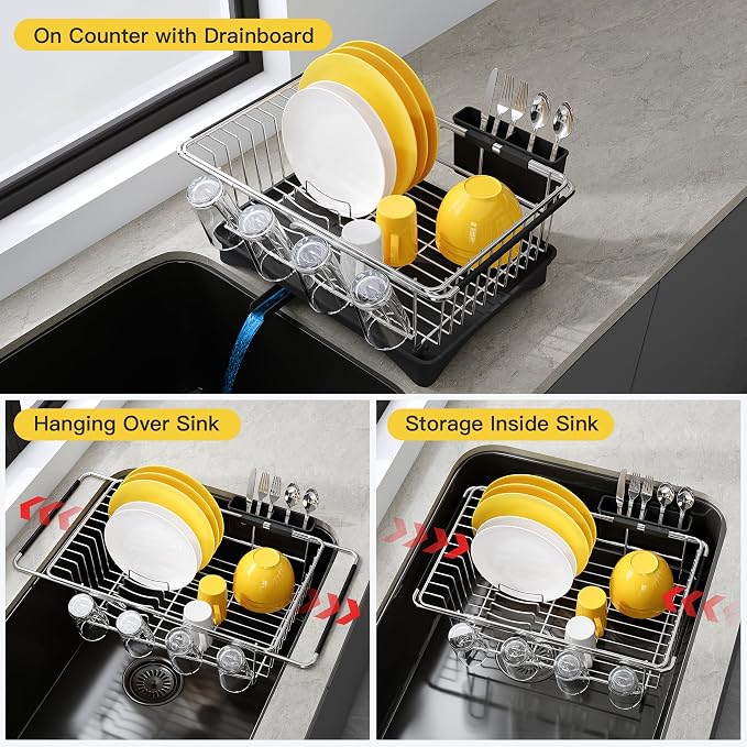 JASIWAY in Sink Dish Drying Rack with Drainboard and Utensil Holder | Use Over the Sink or Counter, Stainless Steel Expandable Dish Drainer for Small Kitchen, Space Saving, Fast Drain, Rustproof - Image 2
