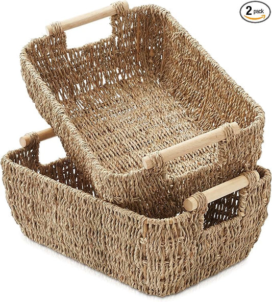 Casafield Set of 2 Seagrass Oval Storage Baskets with Wooden Handles - Medium, Woven Bin Organizers by Casafield