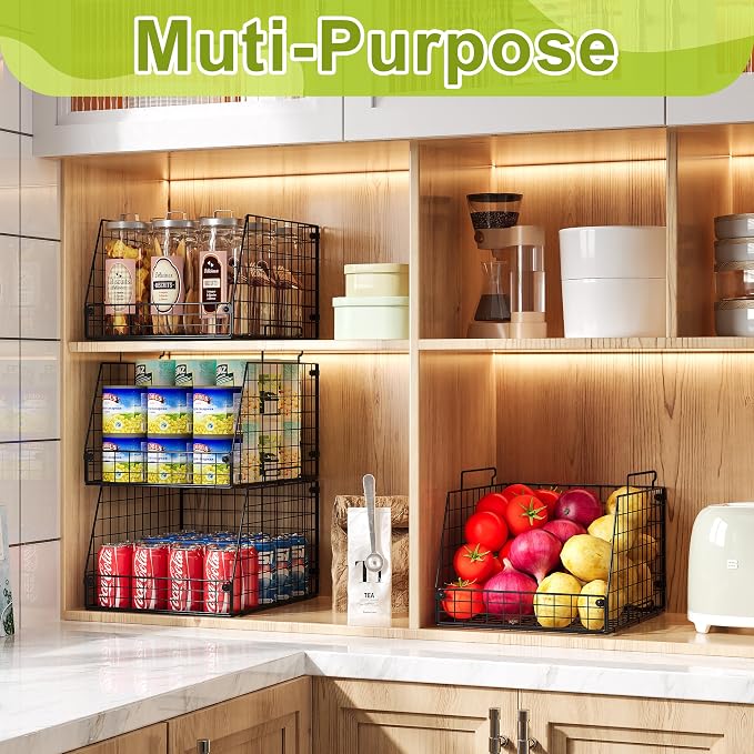 Jakyitvi 4 Pack XXL Stackable Wire Storage Basket, Extra Large Capacity Pantry Organizer and Storage, Muti-Purpose for Fruit Vegetable Basket & Toy Bin & Snack Organizer - Image 6