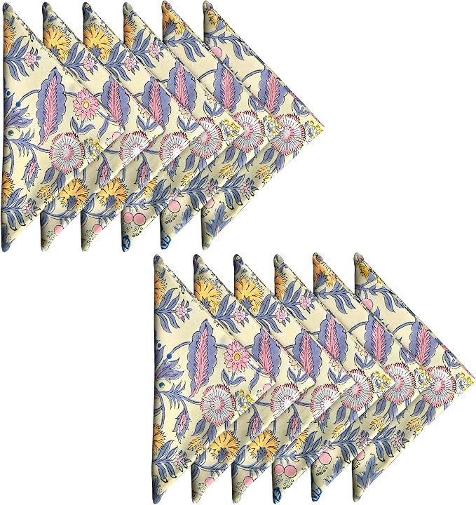AVKA Studio Cotton Print Dinner Napkins 18x18 inches - Washable Cloth Napkins Set of 12 - Everyday Use or Dinner Party and Events - Light Yellow Indian Block Printed Fabric by AVKAStudio