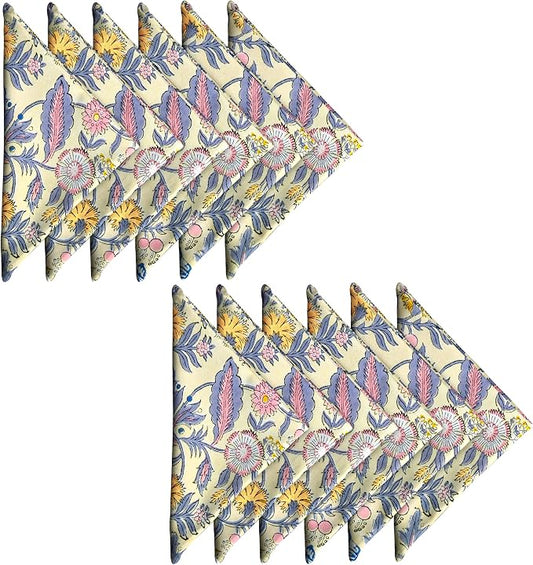 AVKA Studio Cotton Print Dinner Napkins 18x18 inches - Washable Cloth Napkins Set of 12 - Everyday Use or Dinner Party and Events - Light Yellow Indian Block Printed Fabric by AVKAStudio