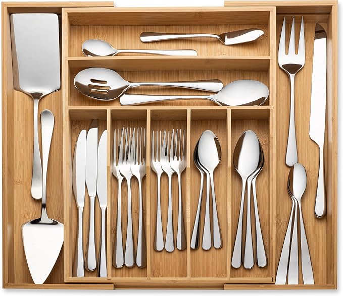 Bamboo Expandable Silverware Holder, Adjustable Cutlery Organizer, Wood Organizers Tray for Flatware, Knives and Utensils - Fits Most Drawers (9 Slots) by Unknown