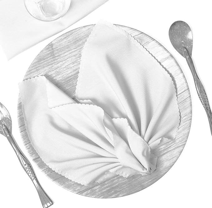 Pack of 12 Polyester Napkins 17 x 17 Inch Square with Scalloped Edge, Plain Washable Reusable Dining Table Cloth Napkin for Wedding Party Banquet Home Restaurant Bistro Decoration - White by MDS