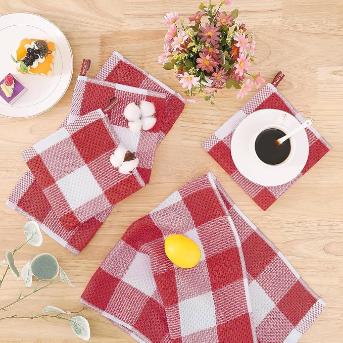 Homaxy Kitchen Towels and Dishcloths Set, Set of 12, White & Red | Bulk Cotton Waffle Weave Check Plaid Kitchen Towels, Super Soft and Absorbent Dish Cloths, 12 x 12 and 13 x 28 Inches - Image 8