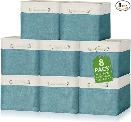 meekoo 8 Pack Collapsible Storage Bins Fabric Storage Bins Polyester Fabric Baskets with Handles Linen Closet Organizer for Shelf Home Closet Towels Toys(15 x 11 x 9.5 in,Cyan White) by meekoo