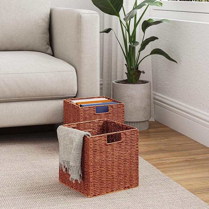 Wicker Storage Basket, Set of 2 Hand-Woven Paper Rope Wicker Basket, Foldable Cube Storage Bins, 9 inch Square Storage Baskets for Organizing Shelves & Decor, Orange (9″×9″×9″) - Image 7