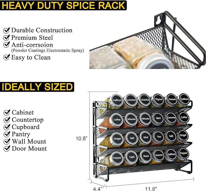 SpaceAid Spice Rack Organizer with 24 Spice Jars, 386 Spice Labels, Chalk Marker and Funnel Set for Cabinet, Countertop, Pantry, Cupboard or Door & Wall Mount -24 Jars, 11.8" W × 10.8" H, Black - Image 4