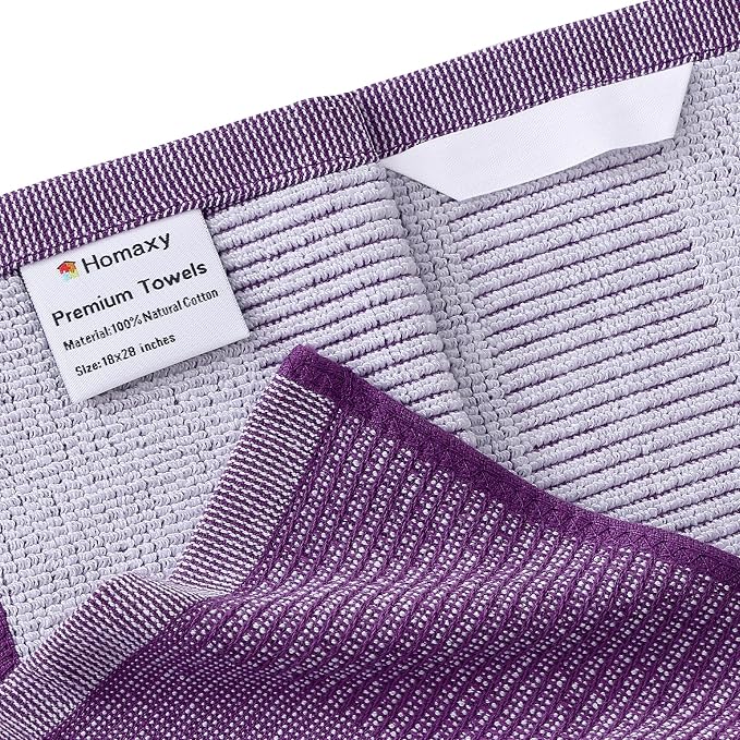 Homaxy 380 GSM Cotton Premium Kitchen Towels 6 Pack, 18"x 28", Purple | Flat and Terry Dish Towels, Highly Absorbent Tea Towel Set with Hanging Loop, Soft Utility Kitchen Hand Towels - Image 2
