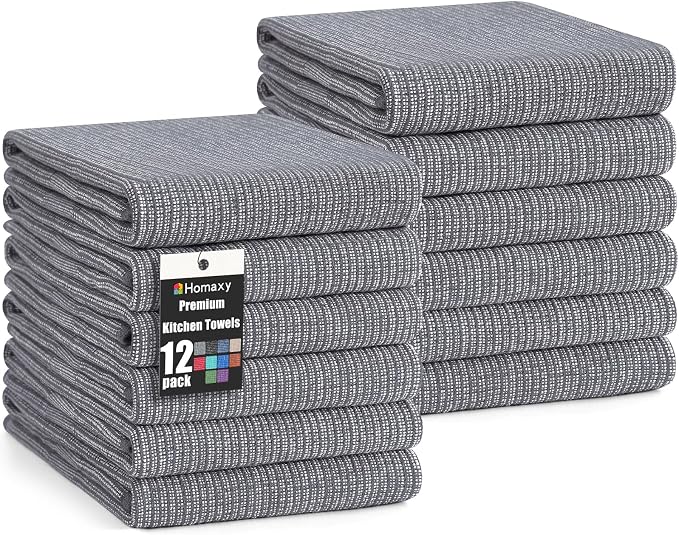 Homaxy 380 GSM Cotton Premium Kitchen Towels 12 Pack, 18"x 28", Grey | Flat and Terry Dish Towels, Highly Absorbent Tea Towel Set with Hanging Loop, Soft Utility Kitchen Hand Towels by Homaxy